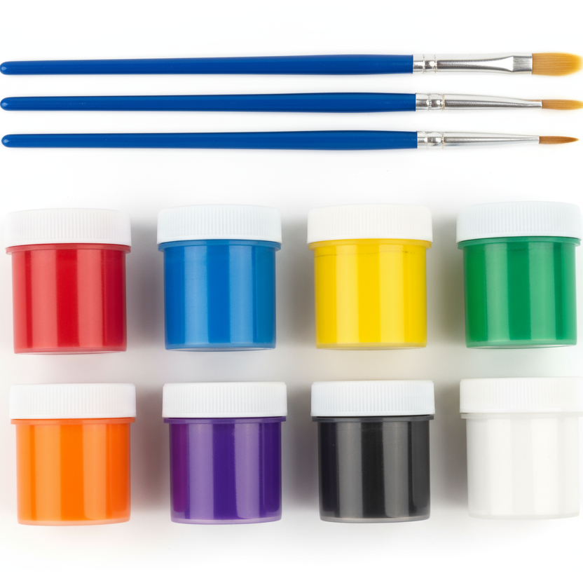 awesome! please make it on a white background with only the paint and paintbrushes displayed